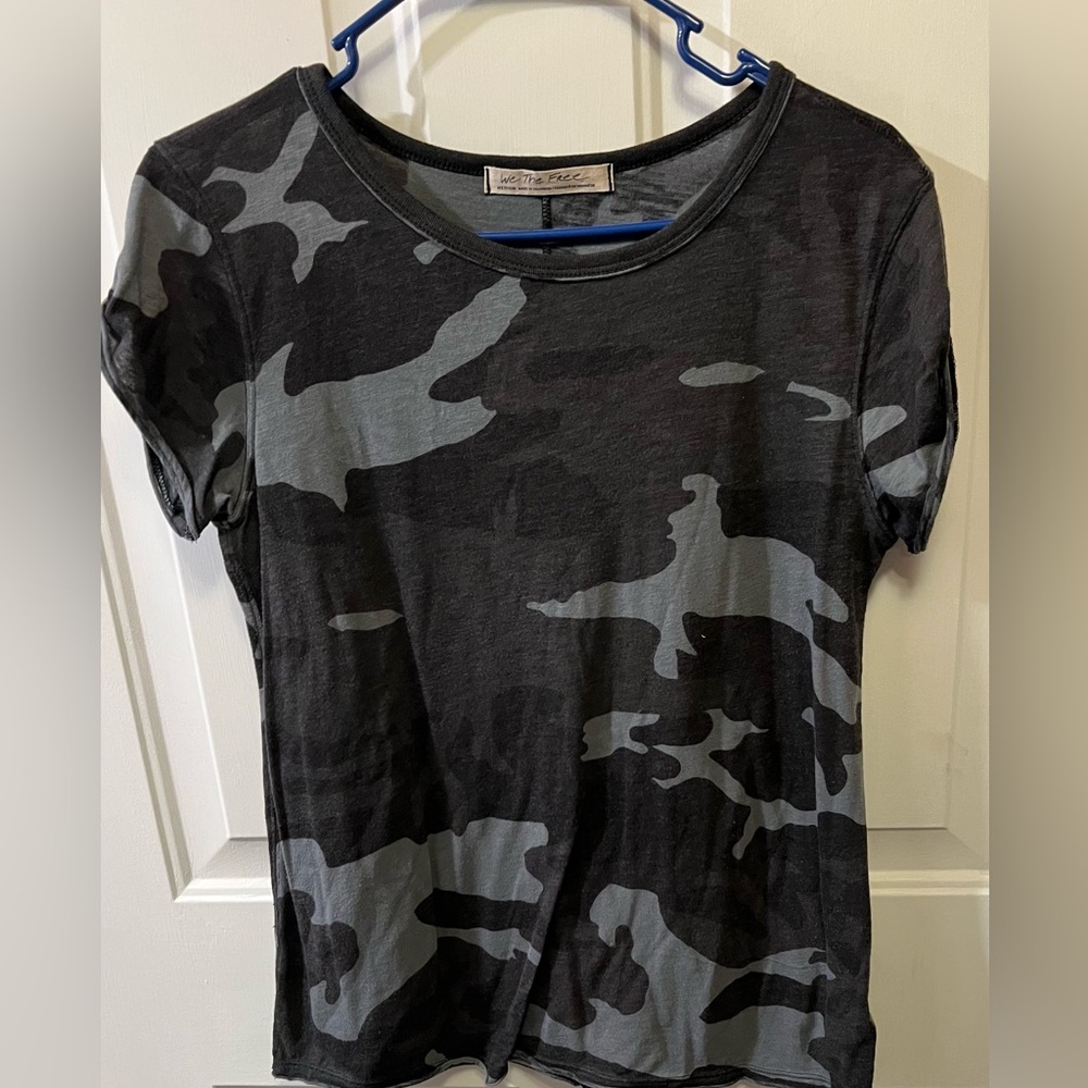 Free People Black and Gray Camo Short Sleeve Tee